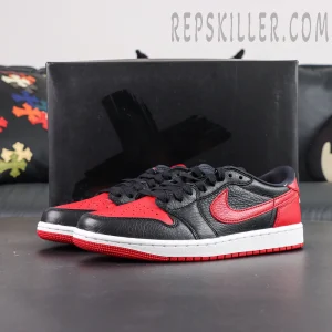 Air Jordan 1 Low with box display highlighting bold black and red theme