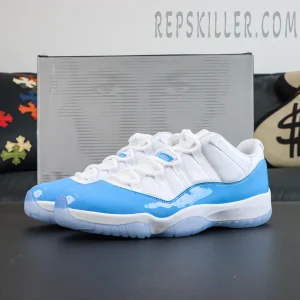 Air Jordan 11 Low UNC colorway overall view in clean white and university blue