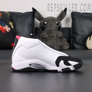 Air Jordan 14 side profile with white tumbled leather and black toe overlay