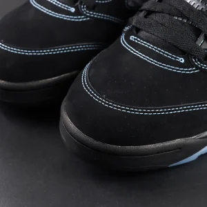 Air Jordan 5 toe box detail with black nubuck and contrast stitching