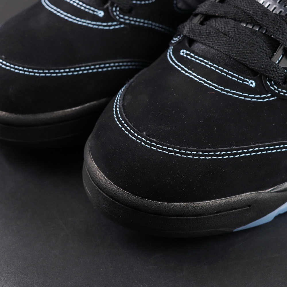 Air Jordan 5 toe box detail with black nubuck and contrast stitching