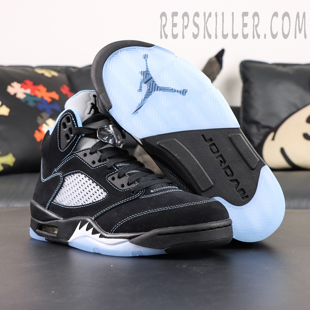Air Jordan 5 outsole view with icy translucent sole and JORDAN branding
