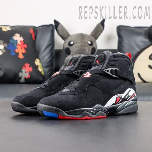 Air Jordan 8 Retro “Playoff” front-side view in black with red and blue accents and signature cross-strap design