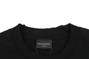 Balenciaga Distressed Logo Print Cotton T-Shirt Black Collar
