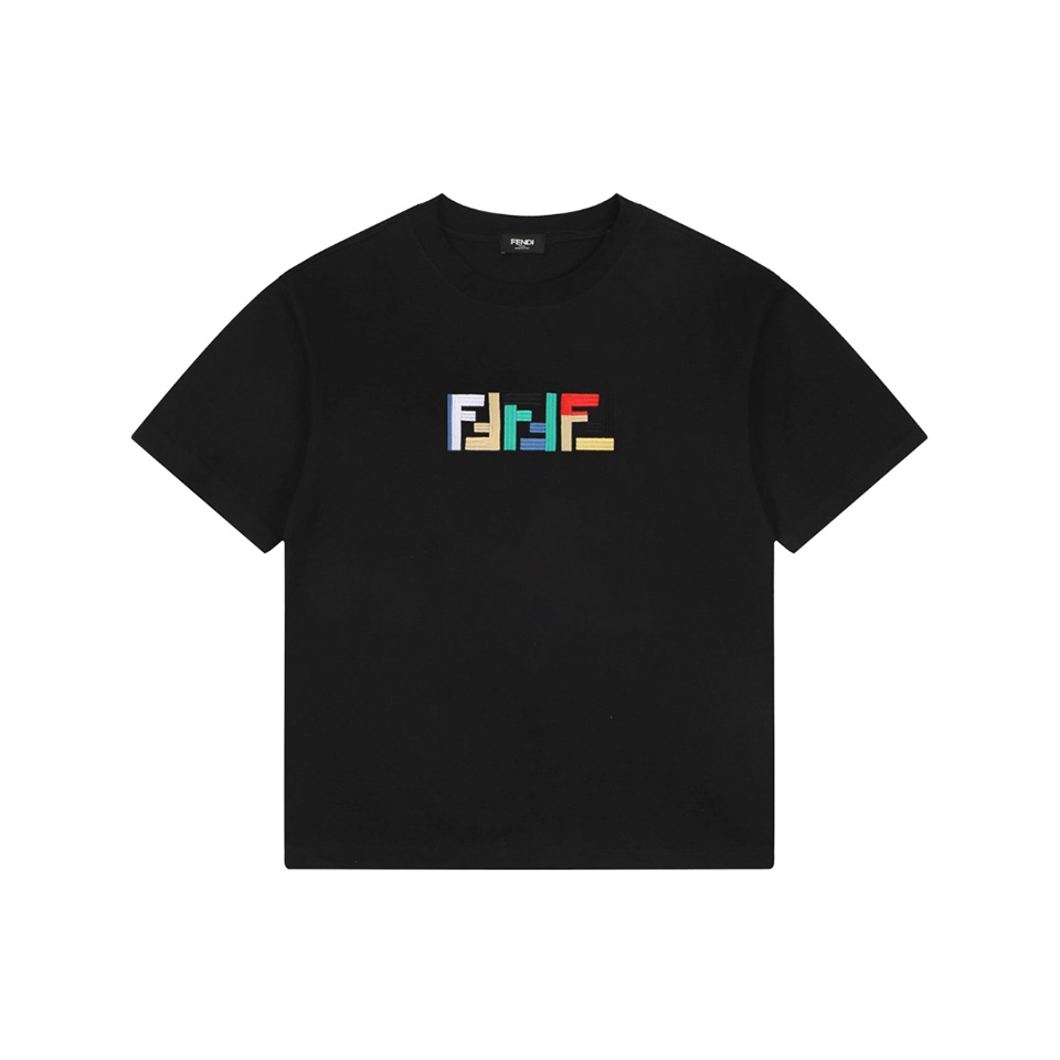 Fendi Multicolor FF Embroidery Cotton T-Shirt Black Front view