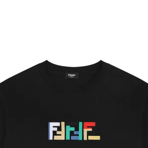 Fendi Multicolor FF Embroidery Cotton T-Shirt Black