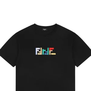 Fendi Multicolor FF Embroidery Cotton T-Shirt Black