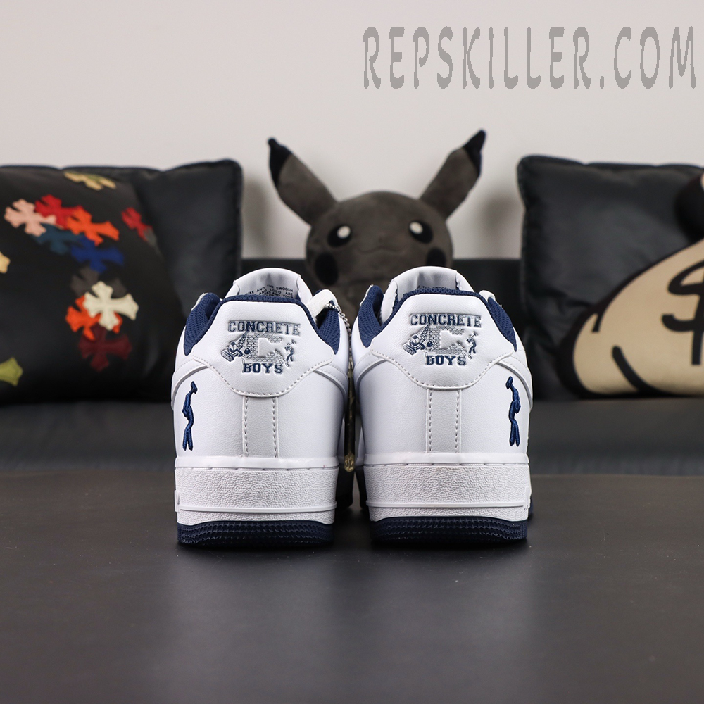 Air Force 1 heel detail with Concrete Boys embroidery and blue character logo
