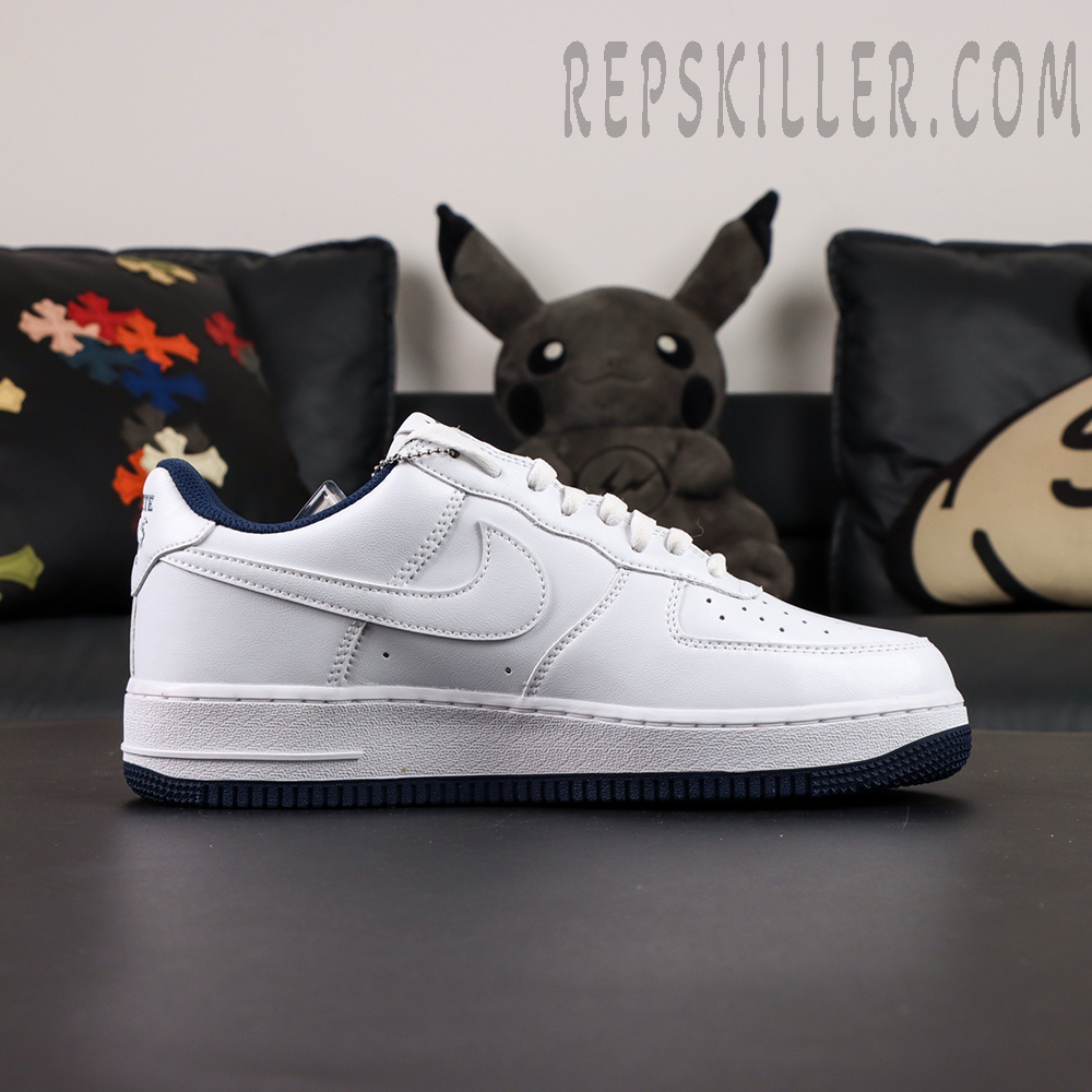 Air Force 1 side profile with clean white leather and fine stitching details