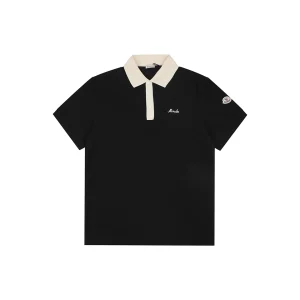 Moncler Contrast Collar Signature Embroidery Cotton Piqué Polo Shirt Black Front view