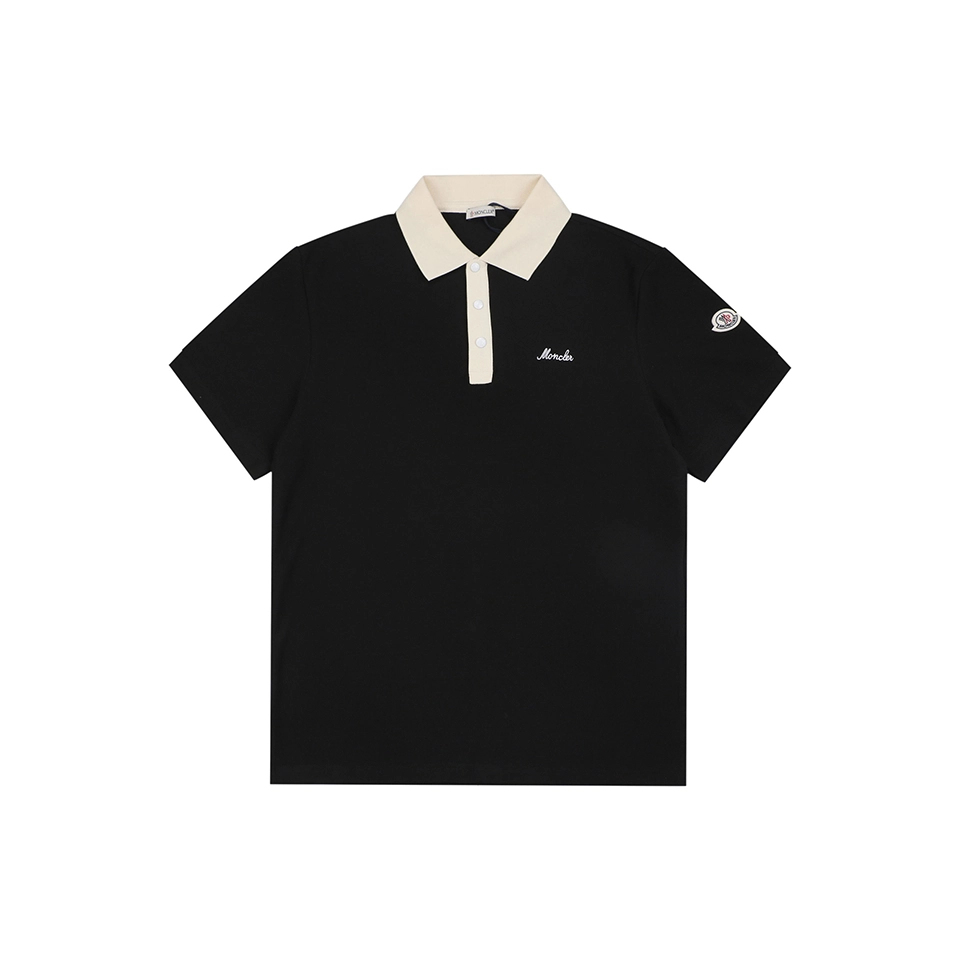 Moncler Contrast Collar Signature Embroidery Cotton Piqué Polo Shirt Black Front view