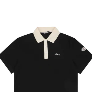 Moncler Contrast Collar Signature Embroidery Cotton Piqué Polo Shirt Black