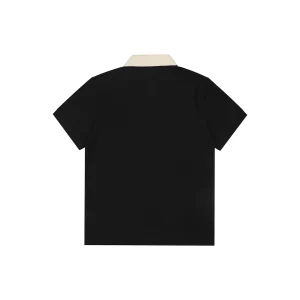 Moncler Contrast Collar Signature Embroidery Cotton Piqué Polo Shirt Black Back view