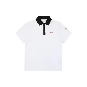 Moncler Contrast Collar Signature Embroidery Cotton Piqué Polo Shirt White Front view