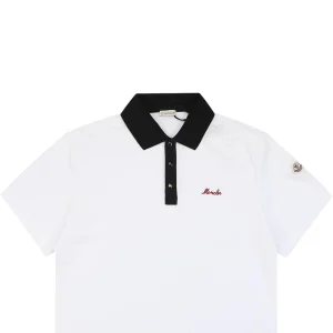 Moncler Contrast Collar Signature Embroidery Cotton Piqué Polo Shirt White