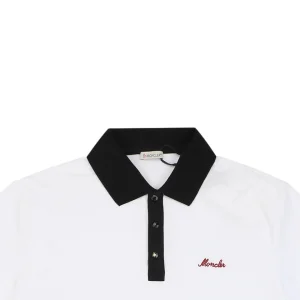Moncler Contrast Collar Signature Embroidery Cotton Piqué Polo Shirt White
