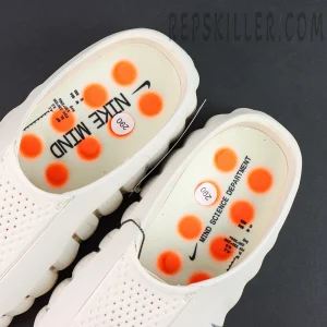 Nike Mind 001 “Sail” insole detail featuring orange pressure dots and technical graphic print