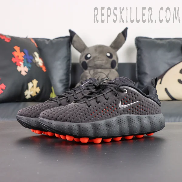 Nike Mind 002 Black Hyper Crimson lateral view with perforated upper