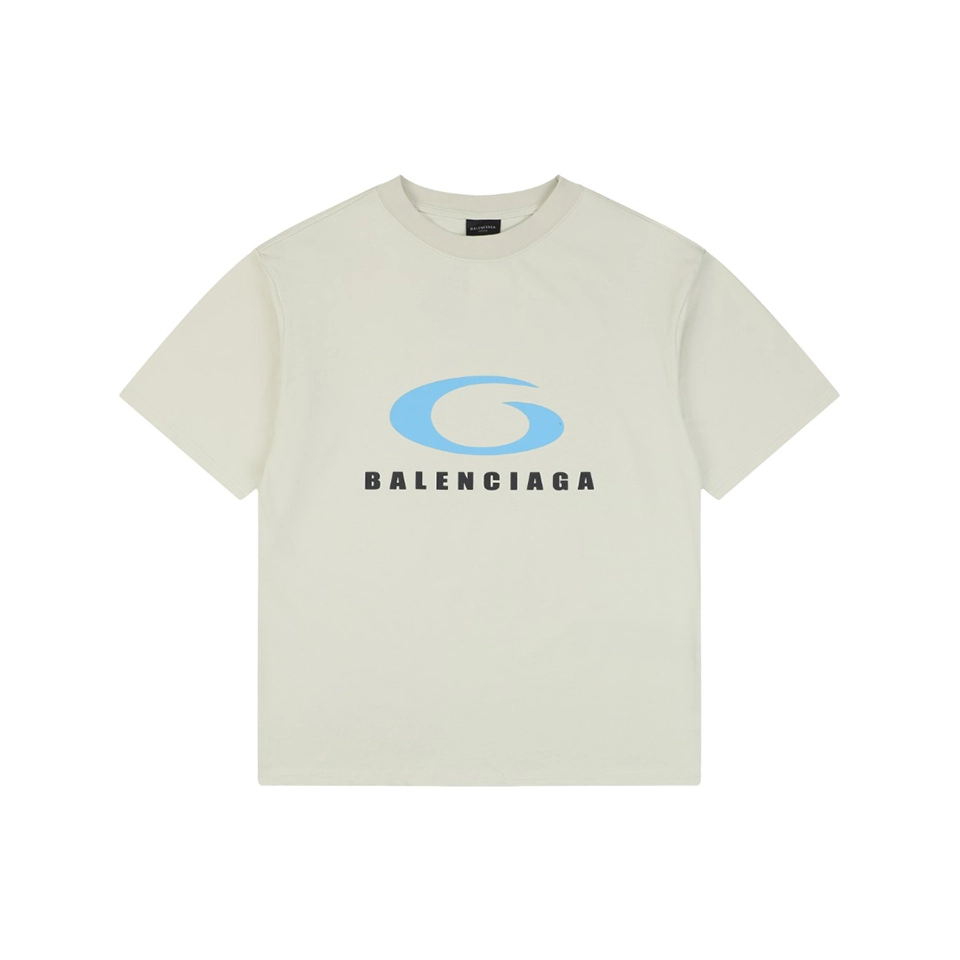 Balenciaga Blue Ring Logo Graphic T-Shirt Beige Front view