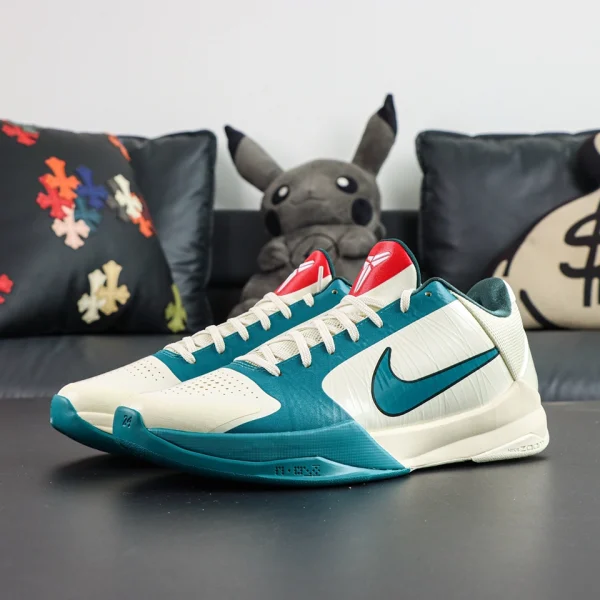 Kobe 5 Protro Caitlin Clark lateral view with teal Swoosh and low-cut profile