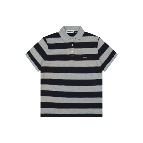 Miu Miu Mini Logo Grey-Blue Striped Polo Shirt Front view