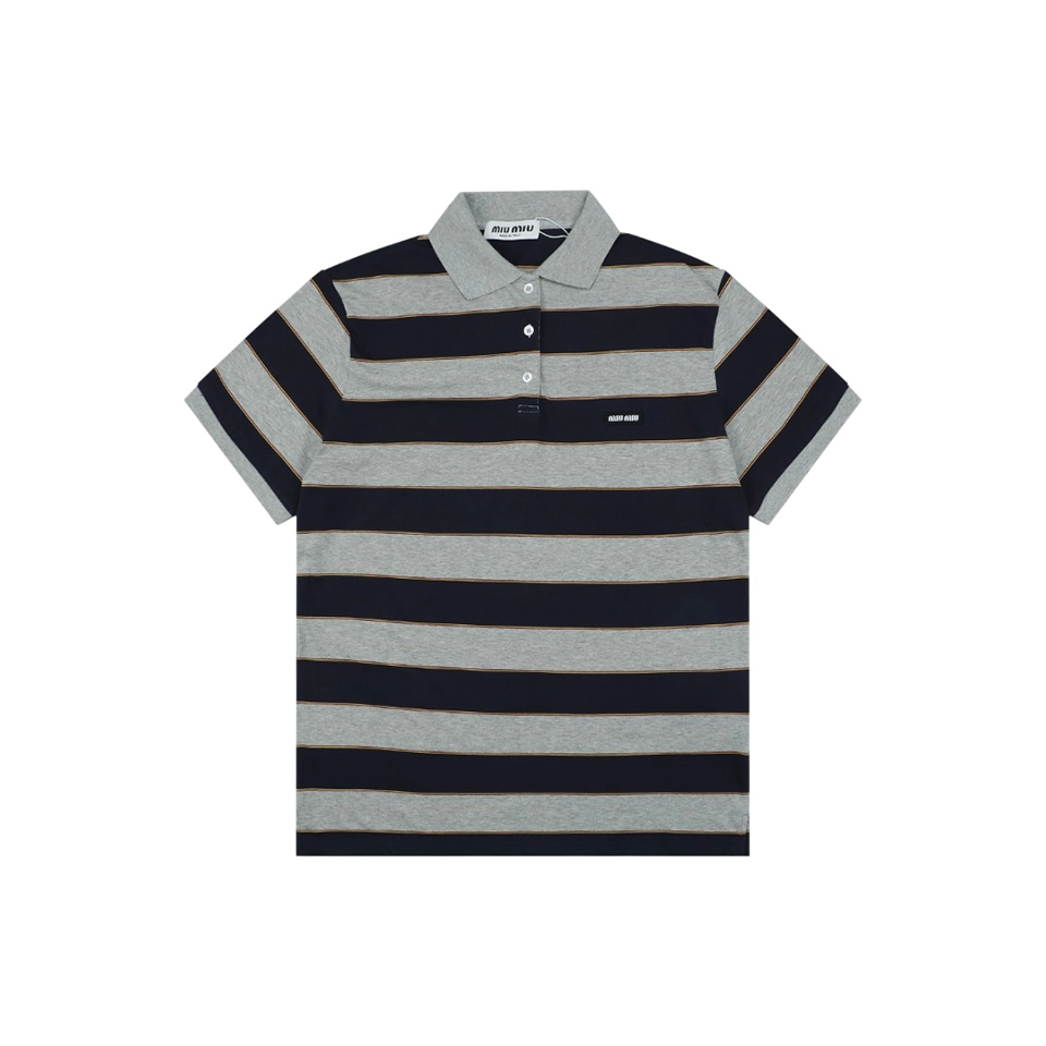 Miu Miu Mini Logo Grey-Blue Striped Polo Shirt Front view
