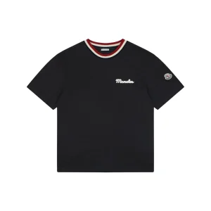 Moncler Striped Collar Embroidered Logo T-Shirt Black Front view