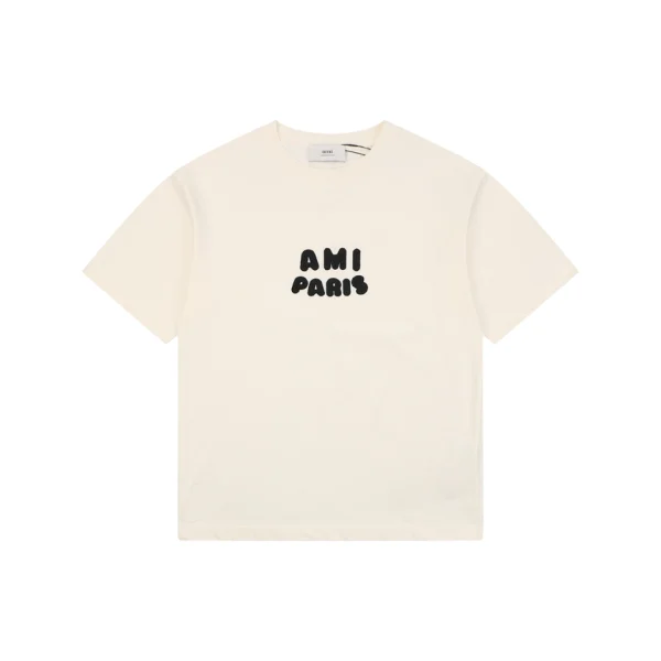 Ami Paris Playful Logo Embroidered T-Shirt Beige Front view
