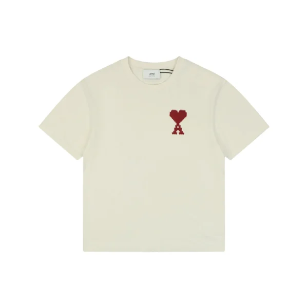 Ami Pixel Heart Embroidered T-Shirt Beige Front view