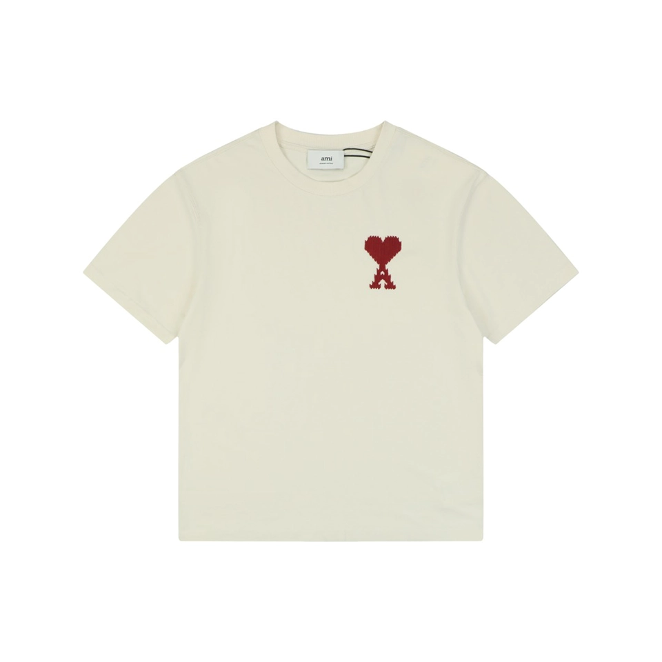 Ami Pixel Heart Embroidered T-Shirt Beige Front view