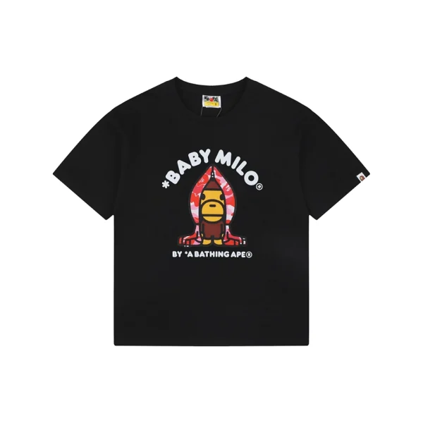 Bape Baby Milo Pink Shark Hoodie Graphic T-Shirt Black Front view