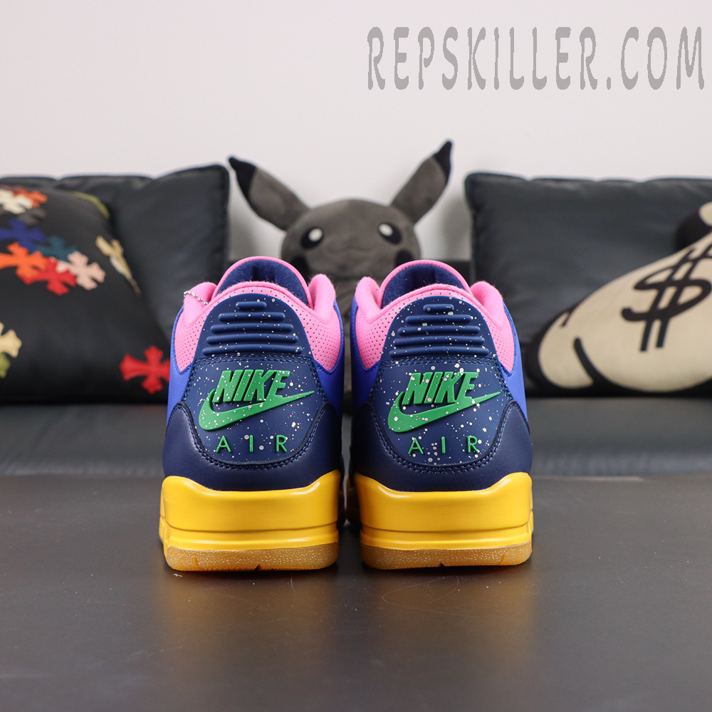 Jordan 3 Retro “Brazil” heel detail featuring green Nike Air branding with speckled paint accents