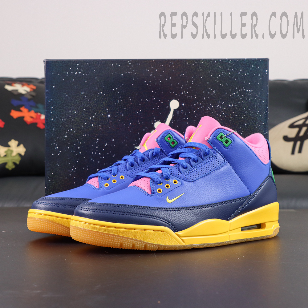 Jordan 3 Retro “Brazil” displayed with shoebox featuring bold blue, yellow, and pink retro basketball-inspired colors