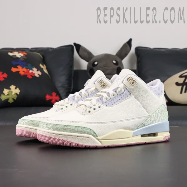 Jordan 3 Retro “Spring is In The Air” front angled view featuring creamy white leather upper with pink outsole and light blue midsole accents