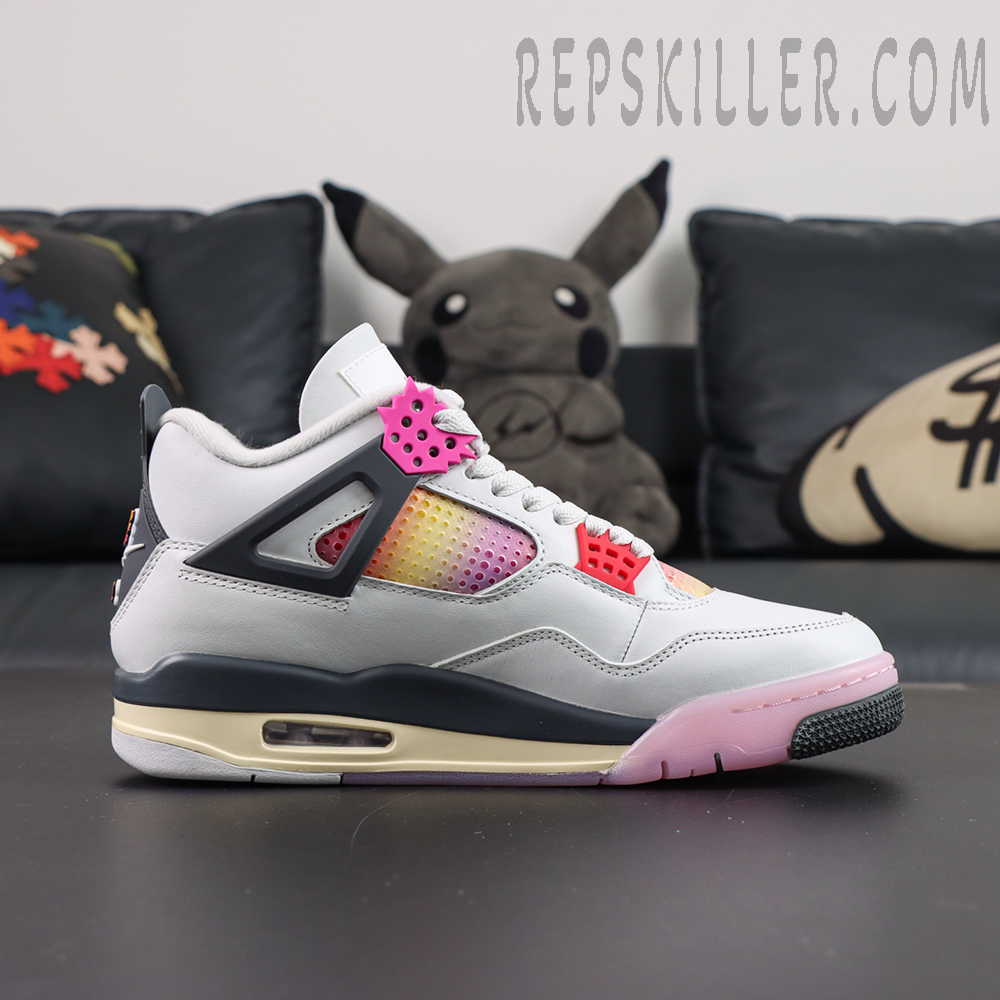 Jordan 4 Retro “Comic” side profile featuring white leather upper, pink gradient mesh panels and visible Air cushioning