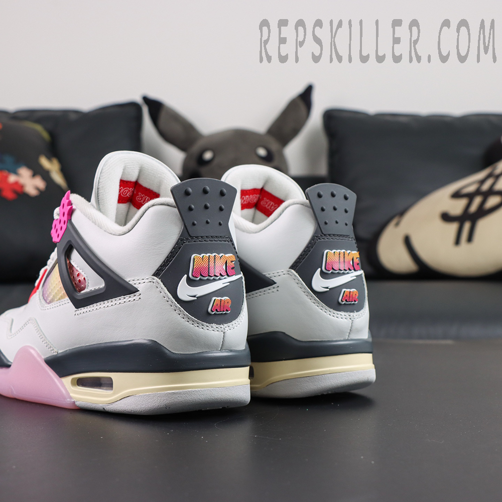 Jordan 4 Retro “Comic” rear angle showcasing iconic Nike Air heel branding and vintage-inspired midsole detailing