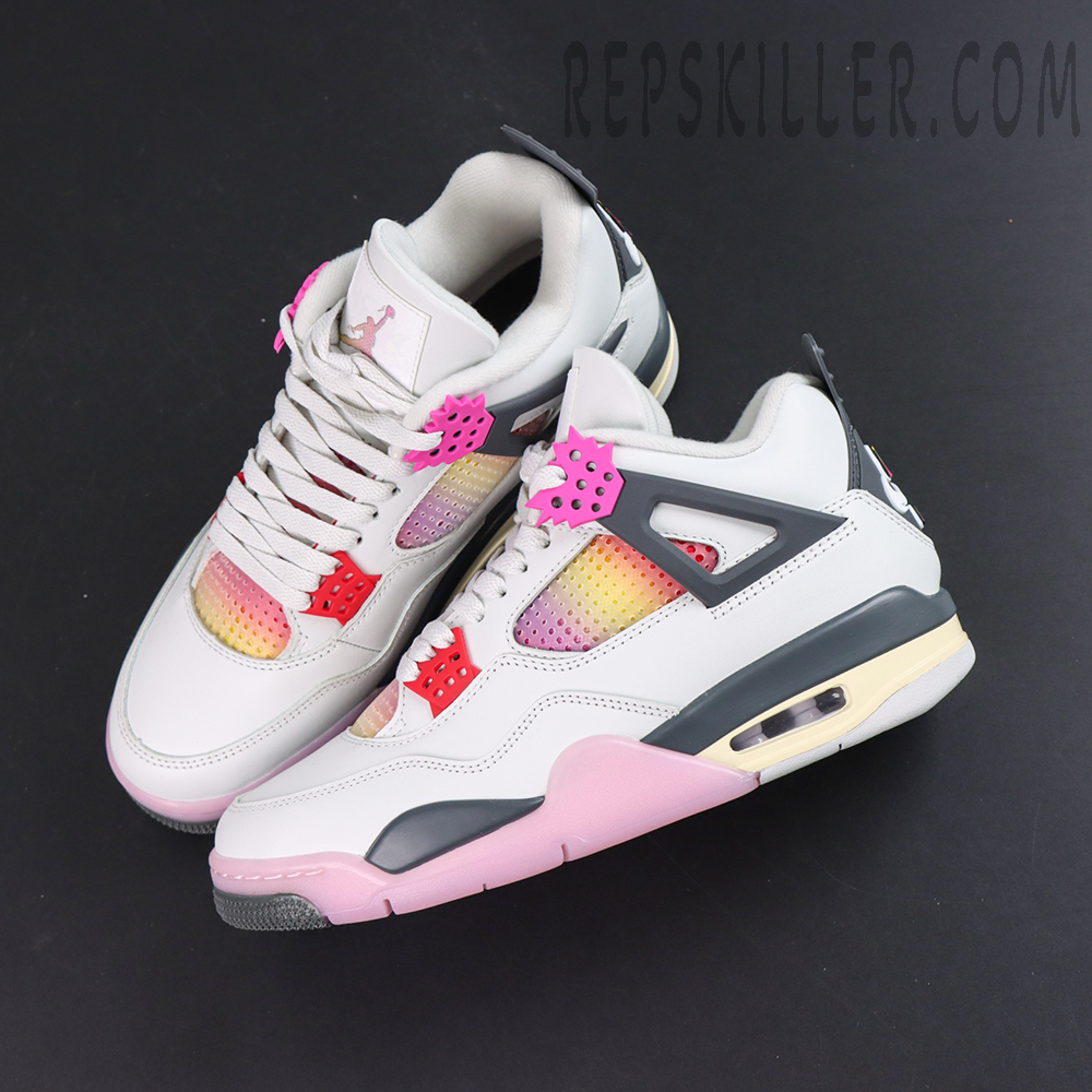 Jordan 4 Retro “Comic” top angle featuring gradient side mesh panels and bright pink lace wing accents