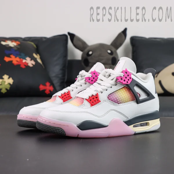 Jordan 4 Retro “Comic” angled front view combining low-top silhouette with colorful comic-inspired accents