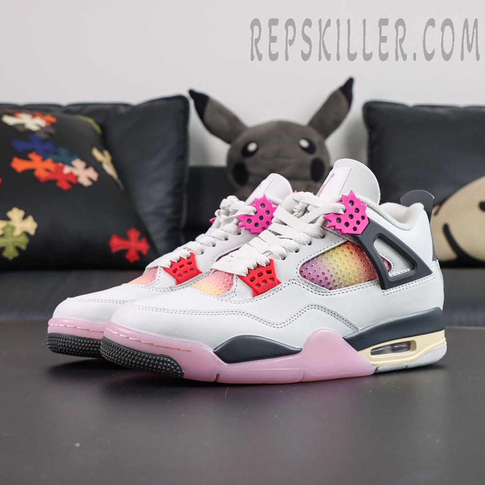 Jordan 4 Retro “Comic” angled front view combining low-top silhouette with colorful comic-inspired accents