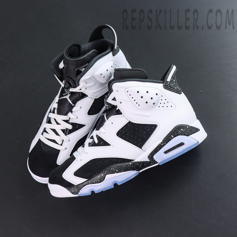 Jordan 6 “Oreo” top view featuring black and white color blocking with speckled midsole accents