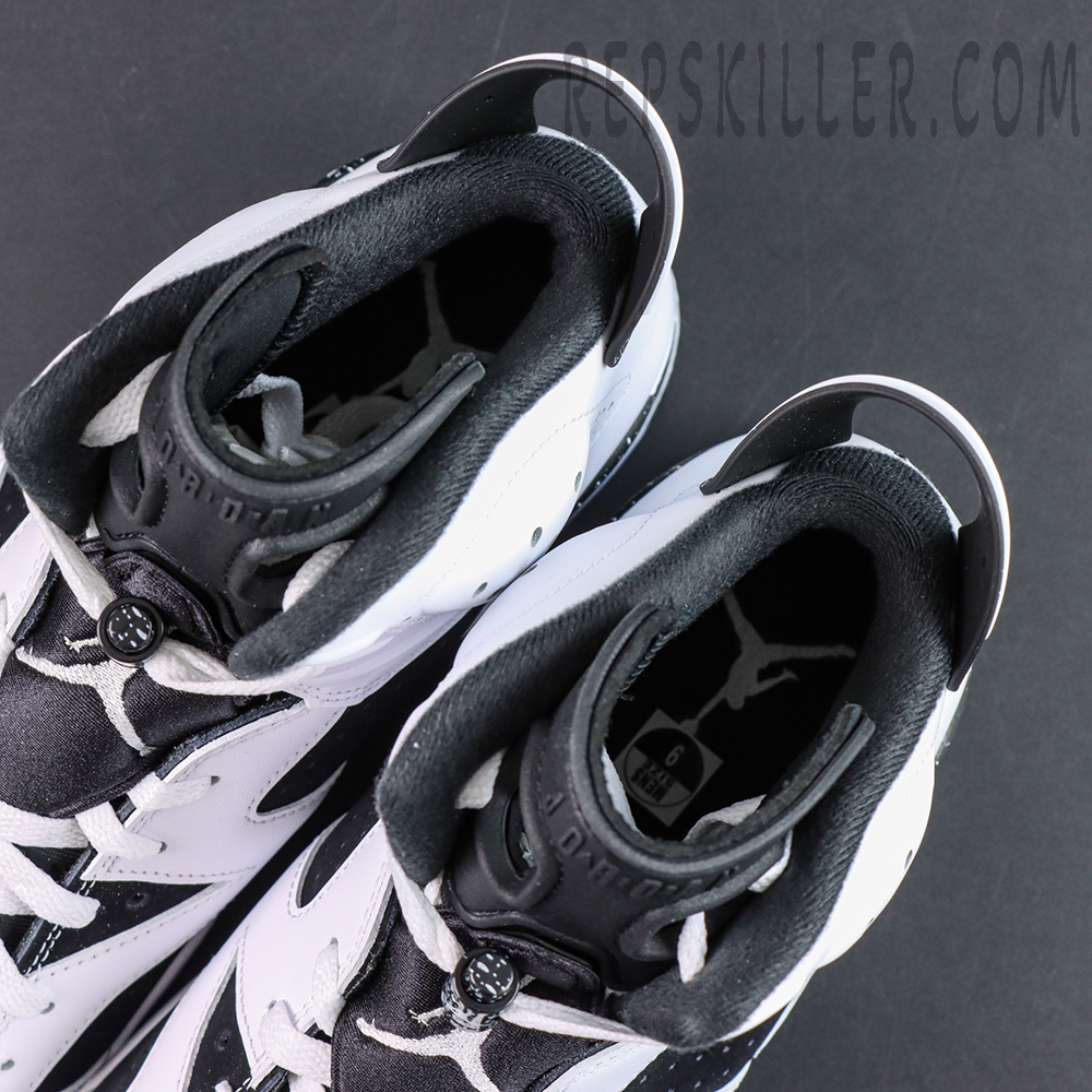 Jordan 6 “Oreo” collar top view featuring black inner lining and signature retro tongue construction