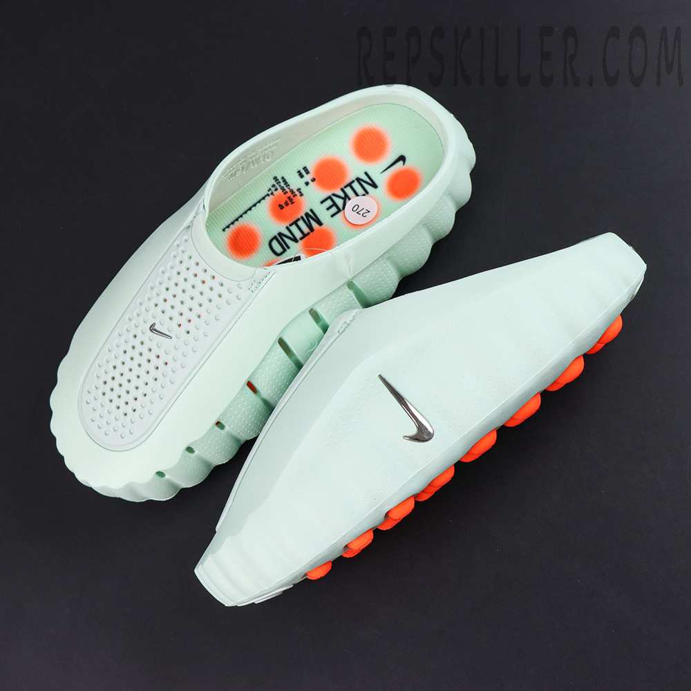 Nike Mind 001 “Barely Green” top view showcasing the minimalist mule silhouette with metallic Swoosh detailing