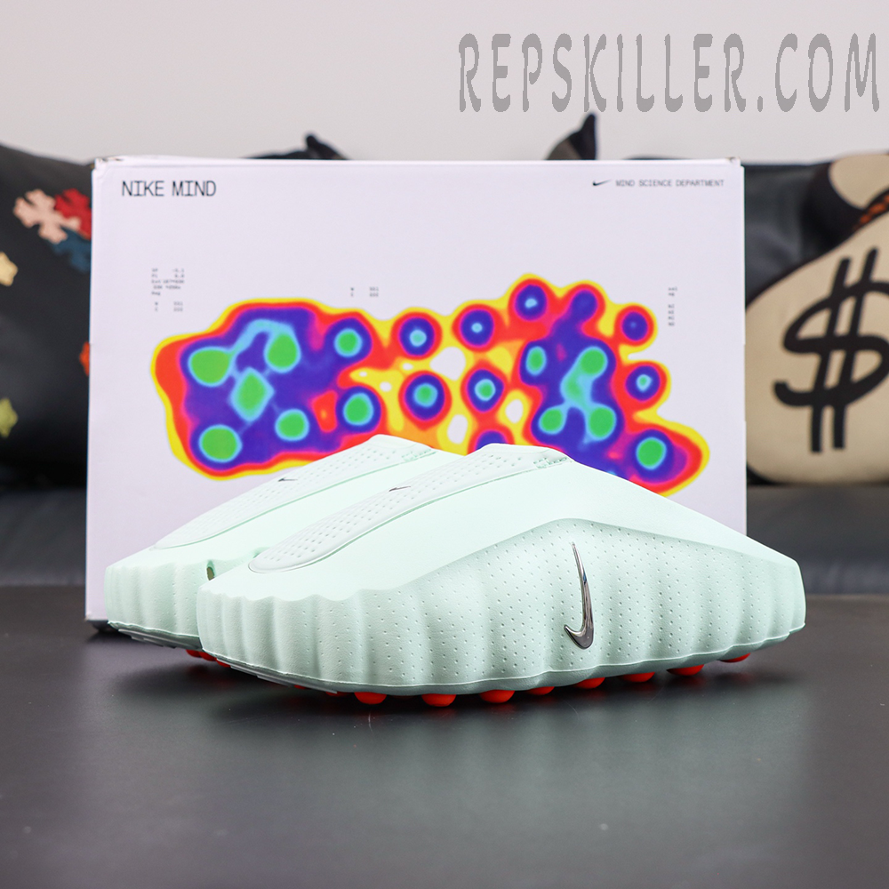Nike Mind 001 “Barely Green” displayed with its packaging featuring a thermal pressure-map graphic and futuristic design language