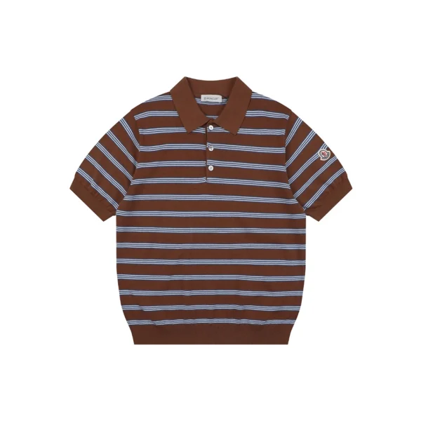 Moncler Brown Striped M Patch Jacquard Knit Polo T-Shirt