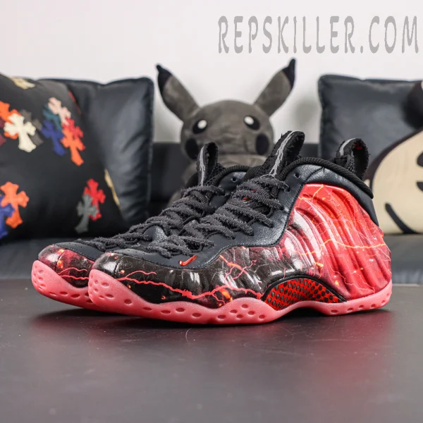Stranger Things x Nike Air Foamposite One Premium QS “Black Bright Crimson” side view inspired by lightning crack graphics from Vecna’s world