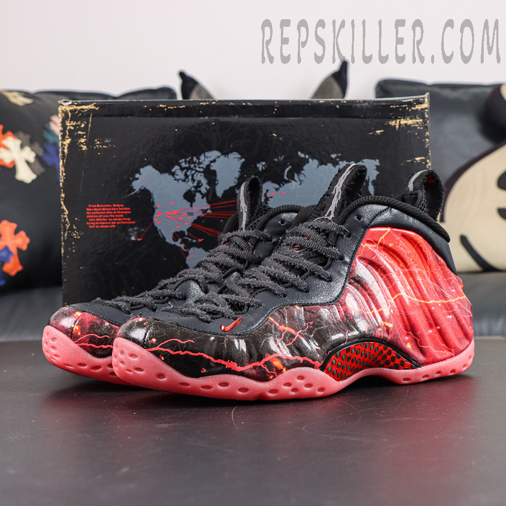 Stranger Things x Nike Air Foamposite One Premium QS “Black Bright Crimson” displayed with shoebox featuring black and red lightning graphic upper