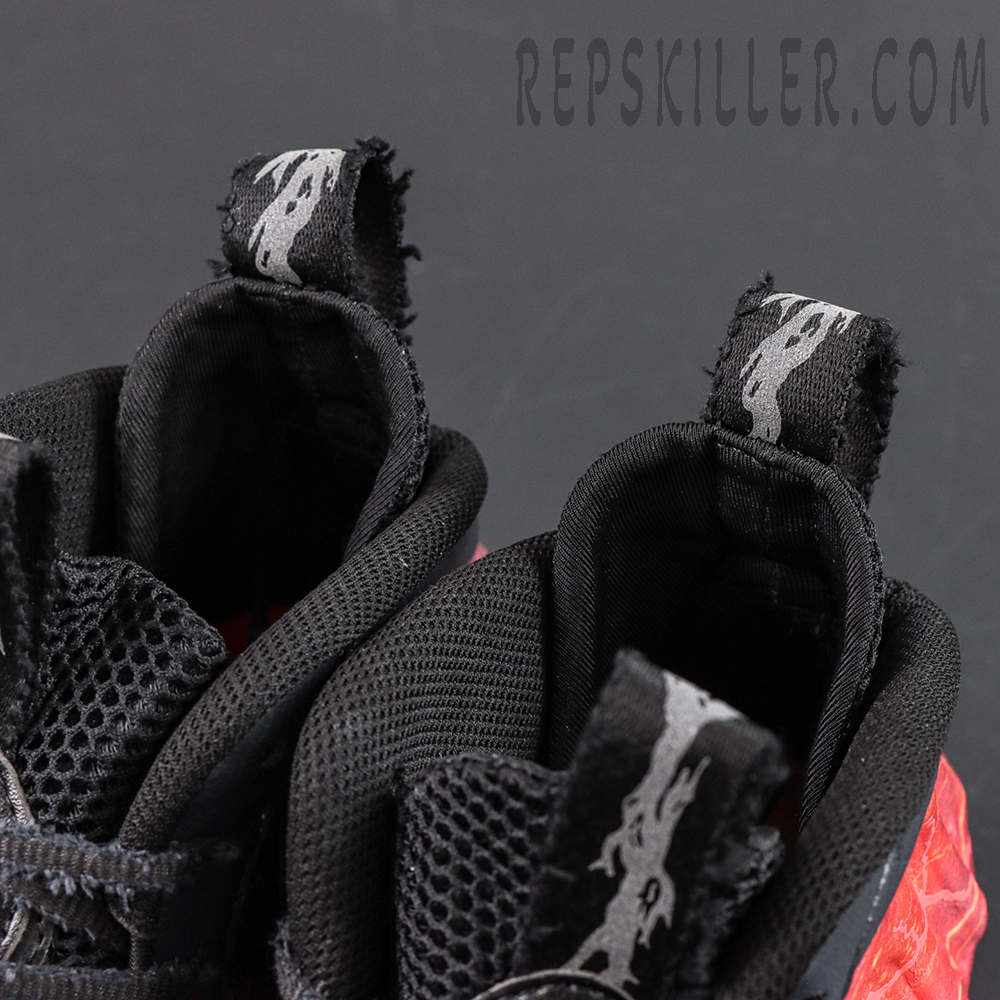 Stranger Things x Nike Air Foamposite One Premium QS “Black Bright Crimson” collar detail featuring distressed pull tabs enhancing the collaboration theme