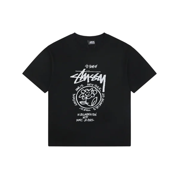 Stussy Graffiti Smiley Flower Print T-Shirt Black Front view