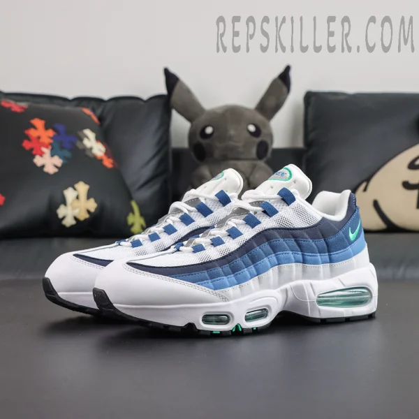 Nike Air Max 95 ‘Big Bubble - Slate’ pair angled view with blue gradient wave overlays, green Swoosh and Big Bubble Air cushioning