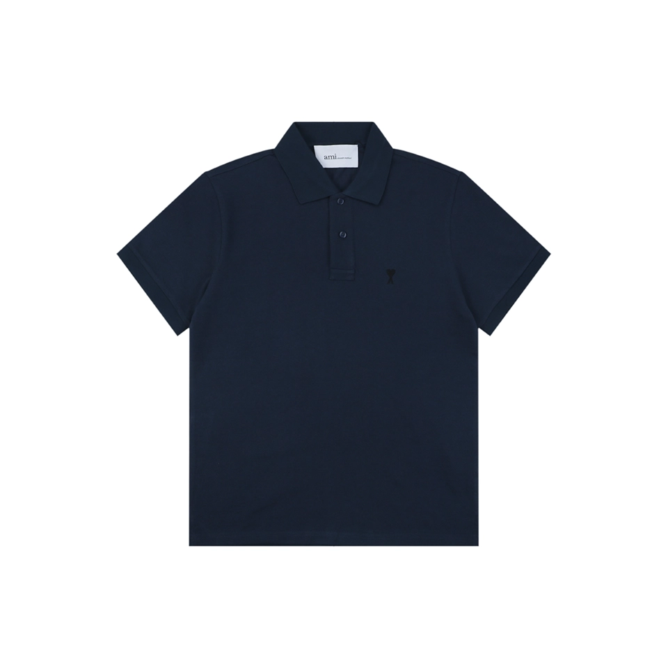 Ami Black Heart Embroidered Polo T-Shirt Navy Front view